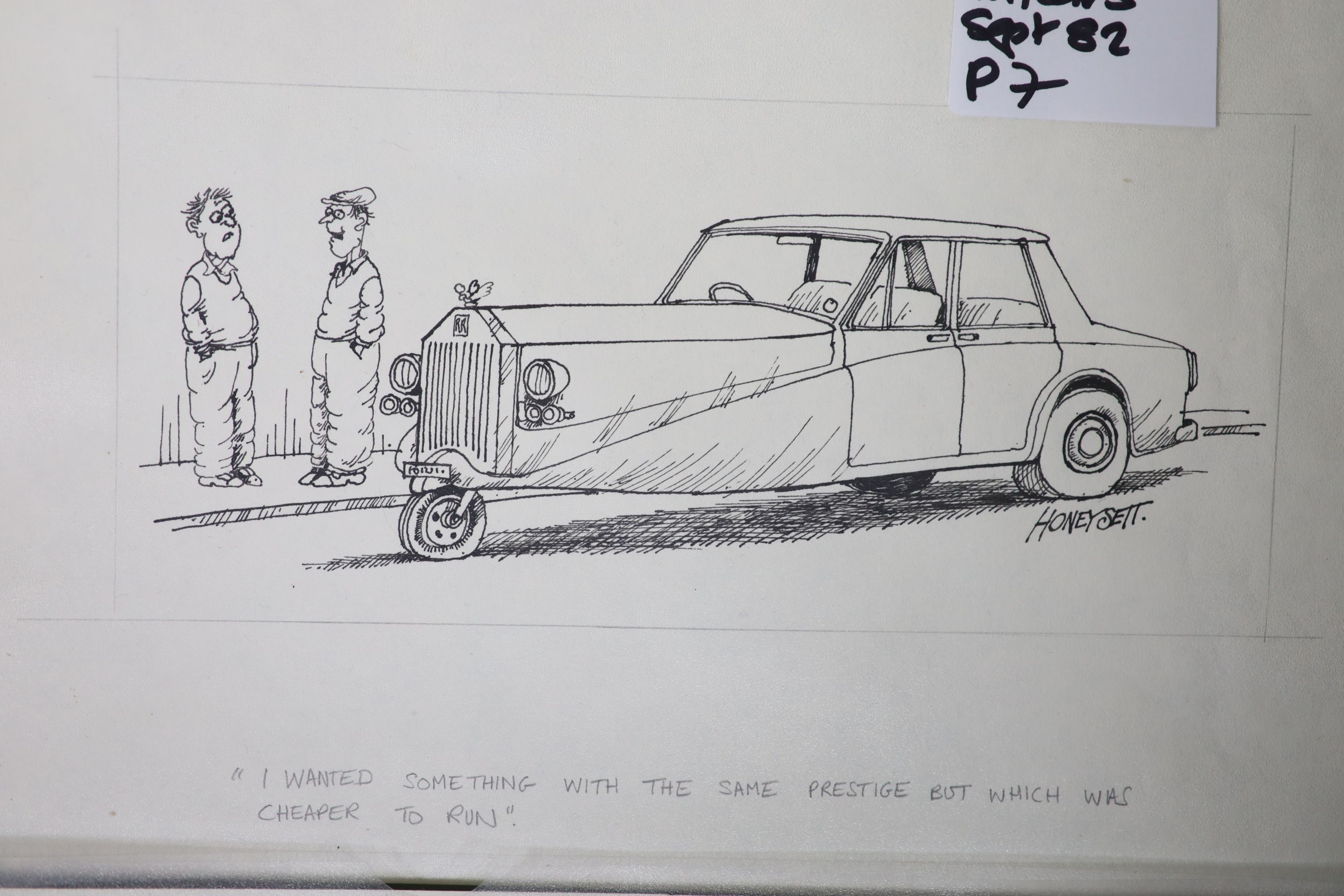 Martin Honeysett (b.1943-), four original cartoons, three wheeler Rolls Royce (Kitcars, Sept 1982), car cleaning, shortening the chassis...(Kitcars July 1982) and water-logged, signed, 20.5 x 30cm. unframed.